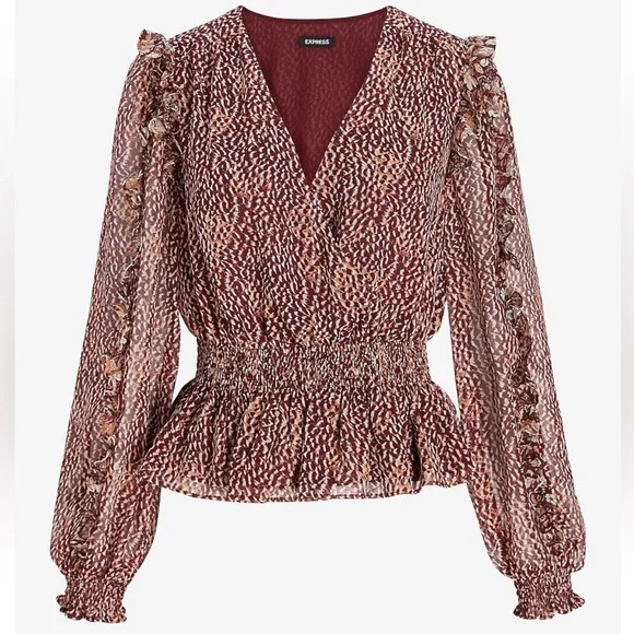 Express Printed Ruffle Wrap Peplum Top - Picture 2 of 8